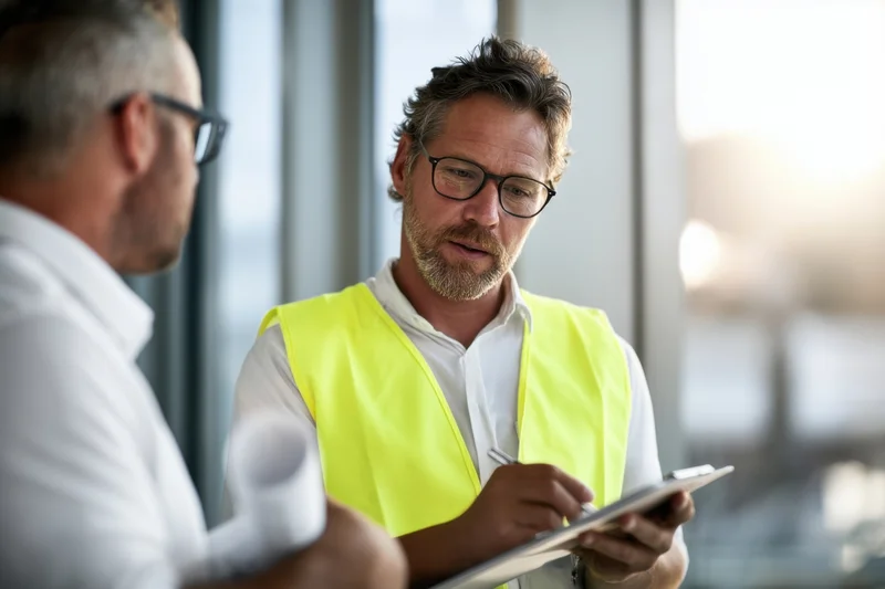 Male construction engineer in high-visibility vest reviewing documents on clipboard during site inspection with colleague