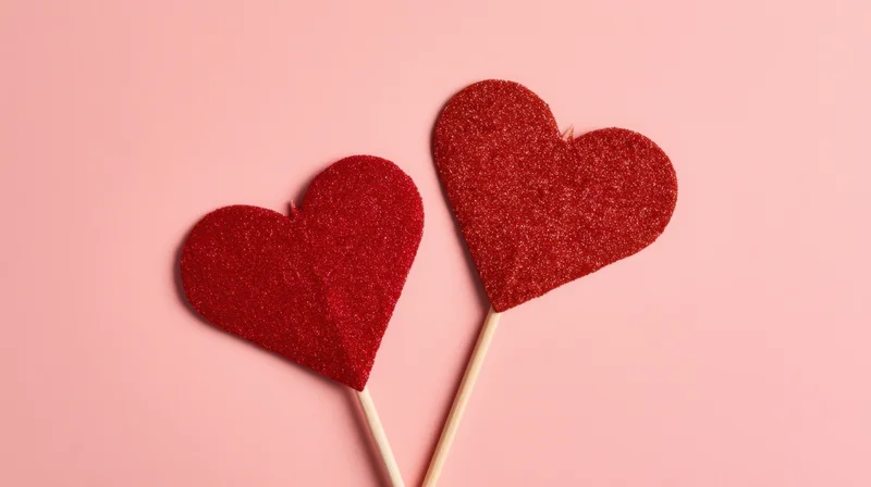 Two red glitter hearts on sticks against pink background