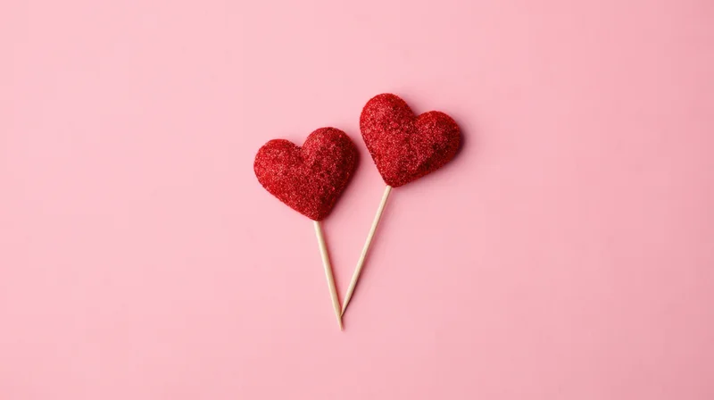 Two red glitter hearts on sticks against pink background