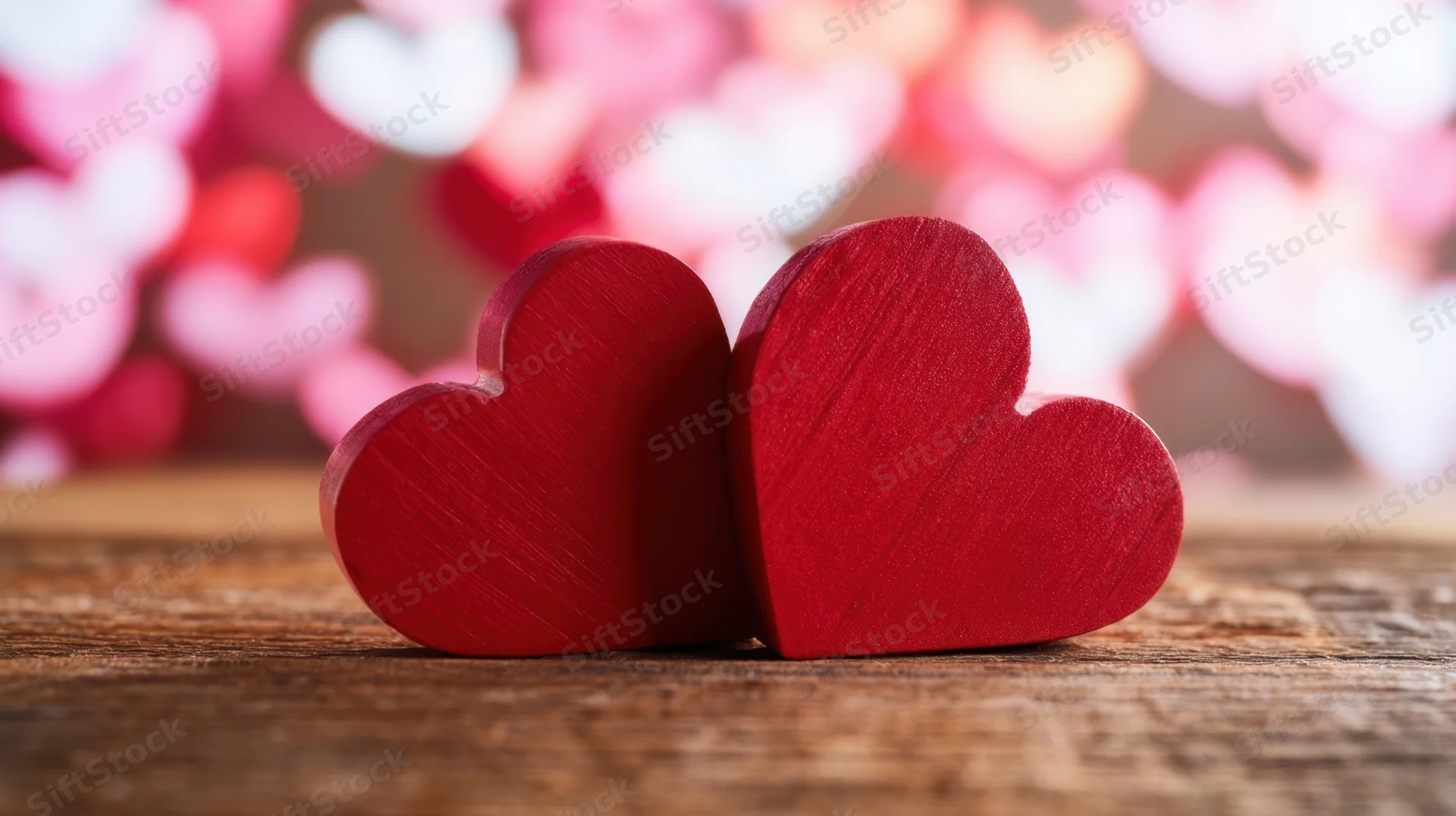 Two red wooden hearts resting side by side on a rustic wooden surface with blurred heart-shaped lights in the background