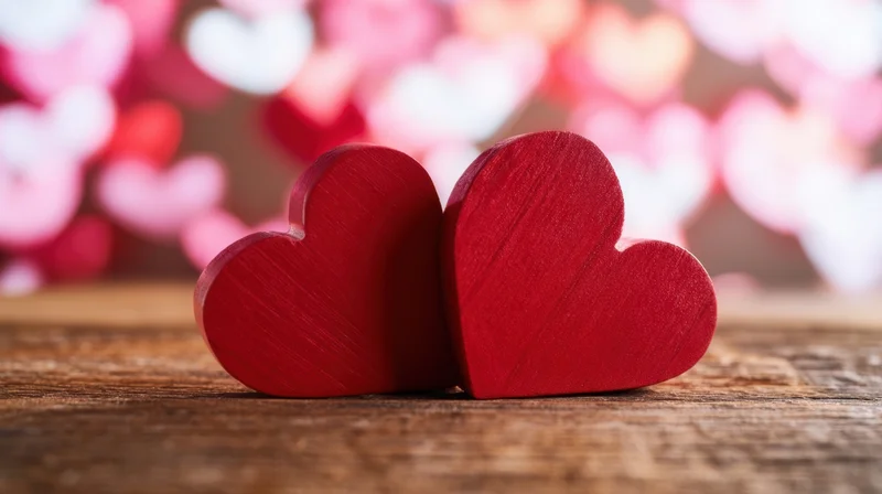 Two red wooden hearts resting side by side on a rustic wooden surface with blurred heart-shaped lights in the background