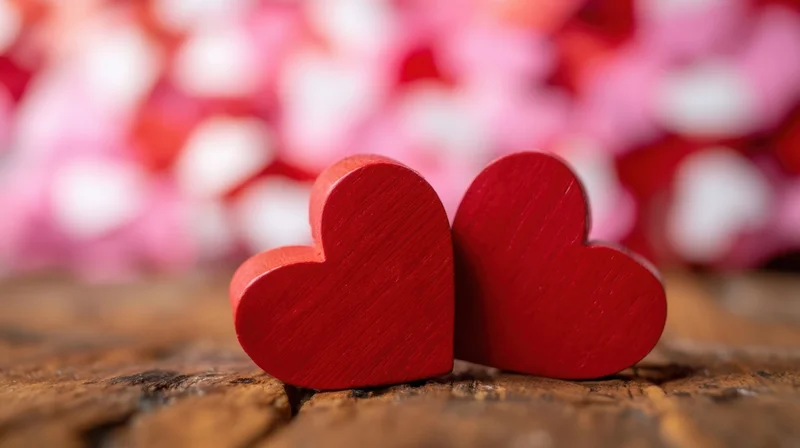 Two red wooden hearts side by side on rustic wood with blurred pink and red bokeh background