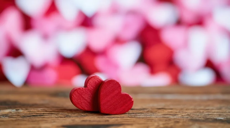 Two red wooden hearts resting on a rustic wooden surface with blurred heart-shaped bokeh background