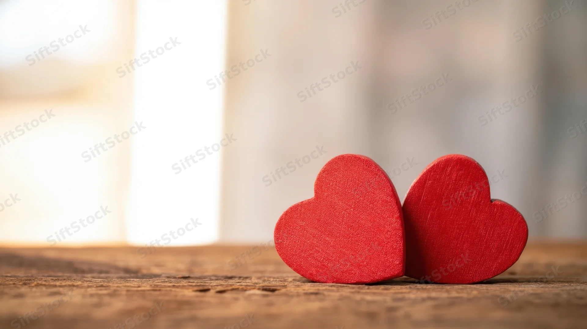 Two red wooden hearts placed side by side on a rustic wooden surface