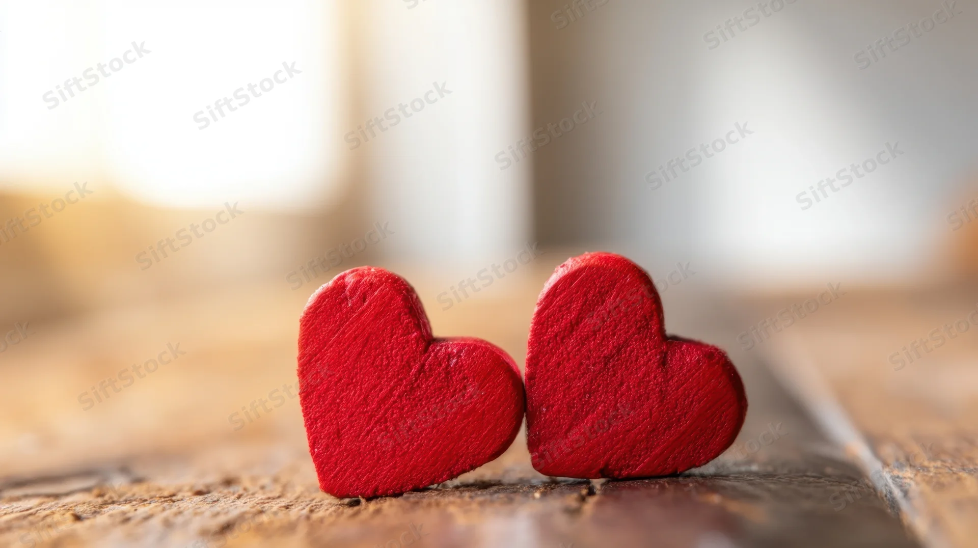 Two red wooden hearts placed side by side on a rustic wooden surface