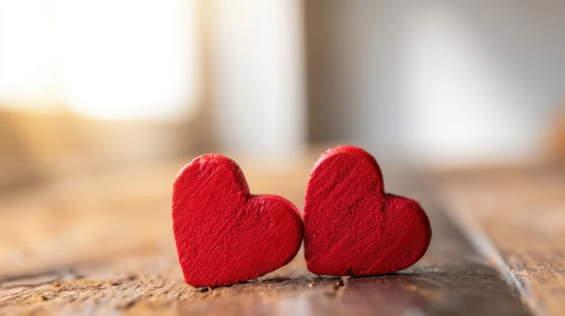 Two red wooden hearts placed side by side on a rustic wooden surface