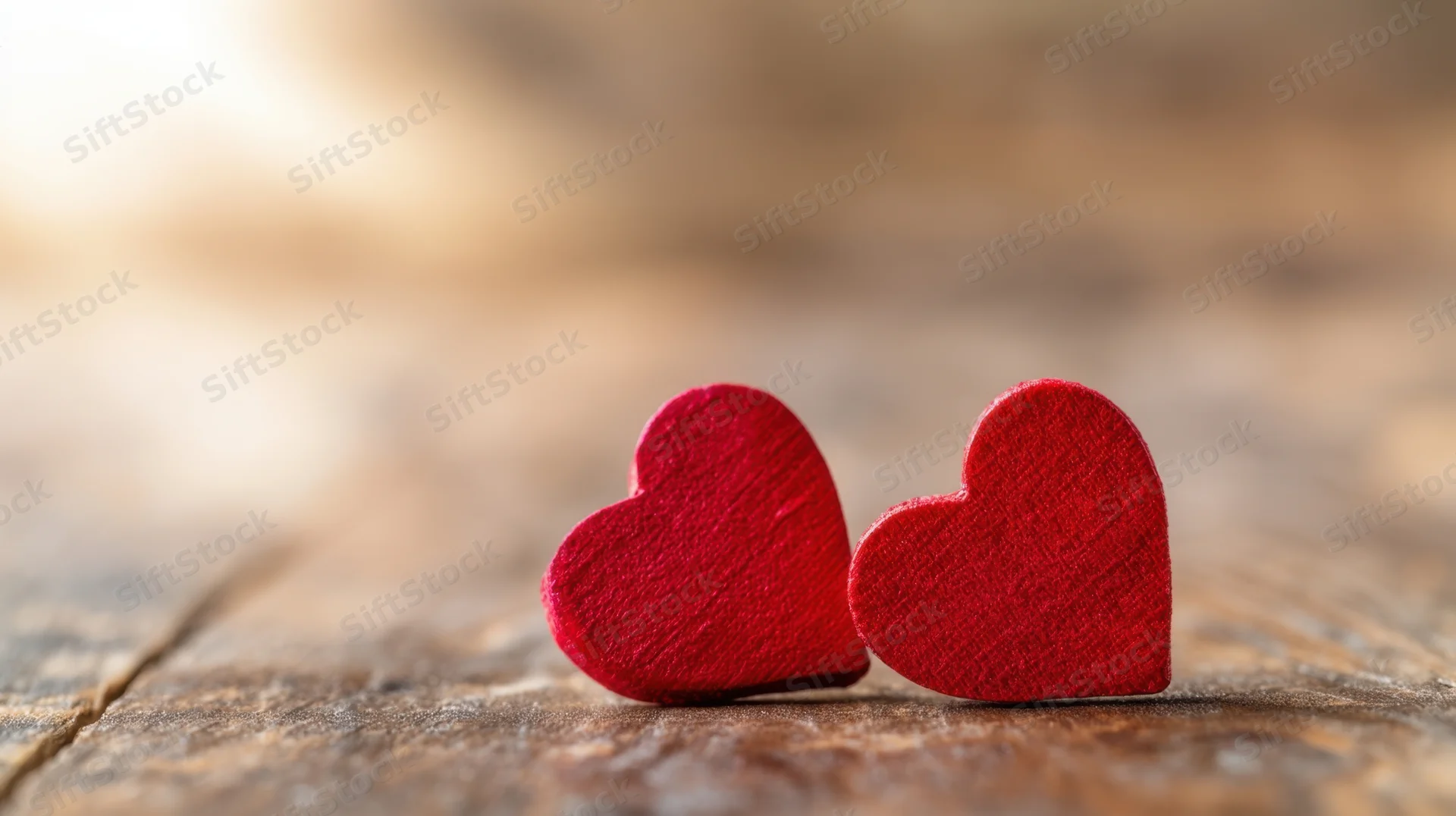 Two red felt hearts placed side by side on a wooden surface