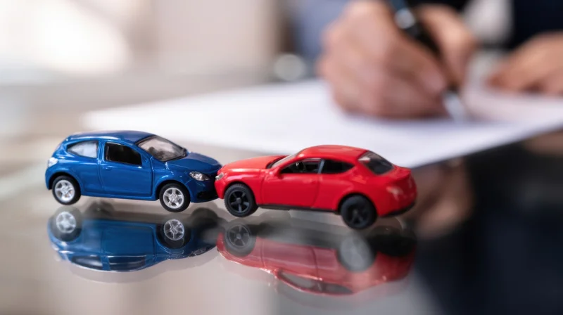 Two toy cars colliding on a reflective surface with a hand writing on paper in the background