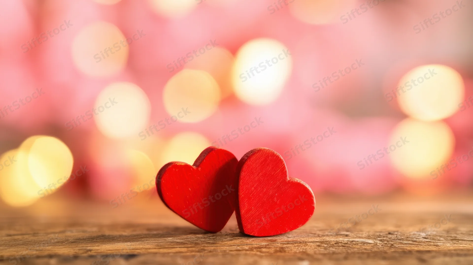 Two red wooden hearts resting side by side on a rustic wooden surface with soft bokeh lights in the background