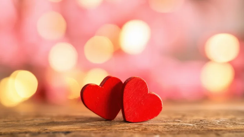 Two red wooden hearts resting side by side on a rustic wooden surface with soft bokeh lights in the background