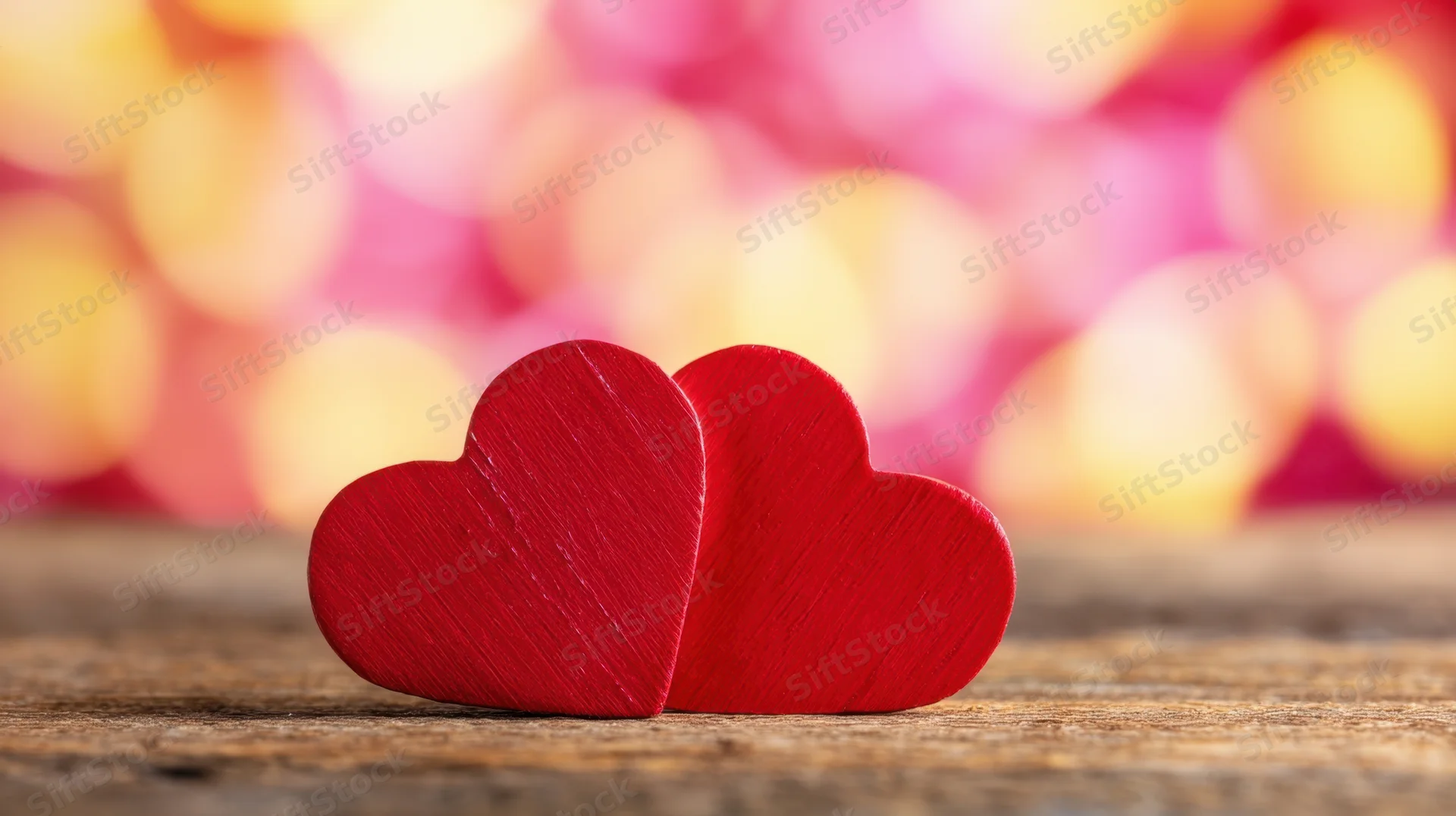 Two red wooden hearts placed side by side on a rustic wooden surface with blurred pink and yellow bokeh lights in the background