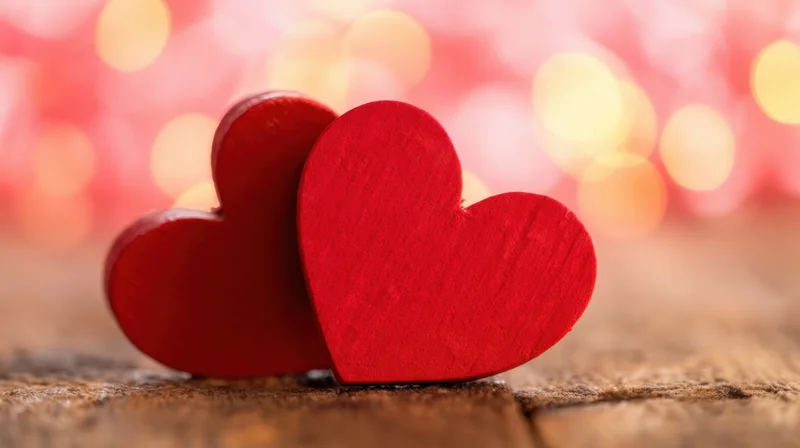 Two red wooden hearts resting on a rustic wooden surface with soft bokeh lights in the background