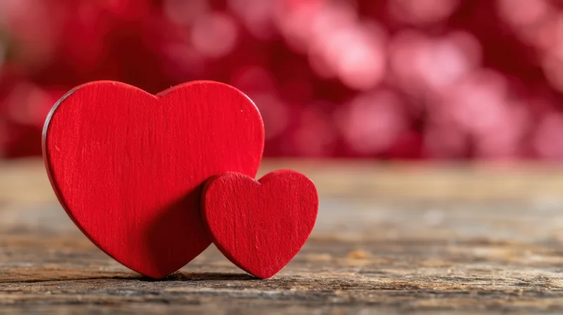 Two red wooden hearts resting on a rustic wooden surface with blurred red bokeh background