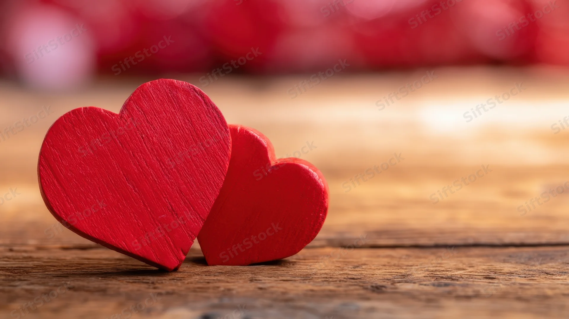 Two red wooden hearts resting on a rustic wooden surface with blurred red background