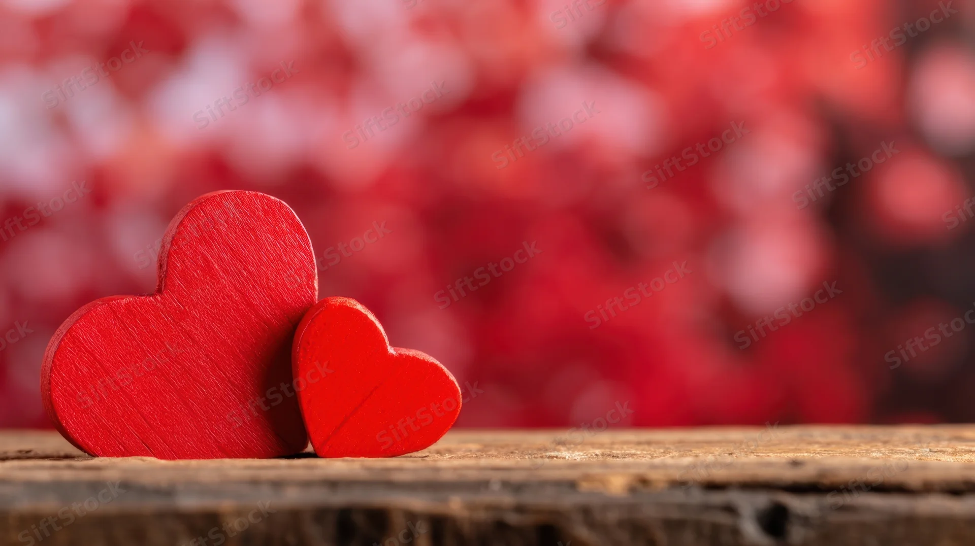 Two red wooden hearts resting on a rustic wooden surface with blurred red background