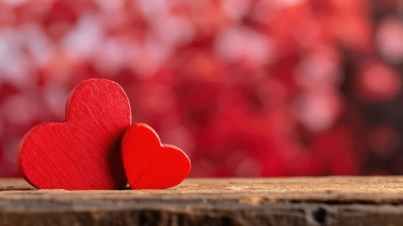 Two red wooden hearts resting on a rustic wooden surface with blurred red background