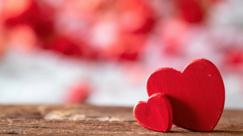 Two red wooden hearts resting on a rustic wooden surface with blurred red bokeh background