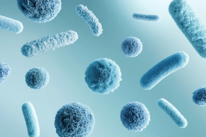 Blue bacteria cells floating in a light blue abstract background