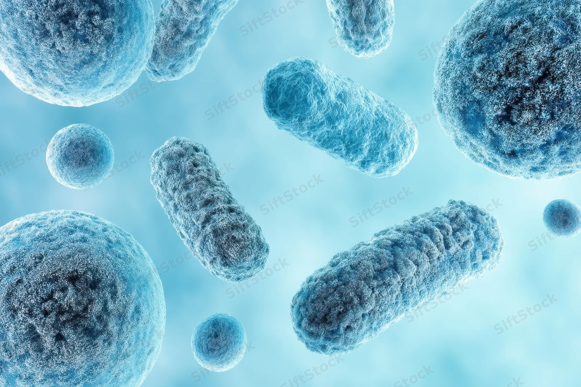Various bacteria and microbes floating in a blue digital environment