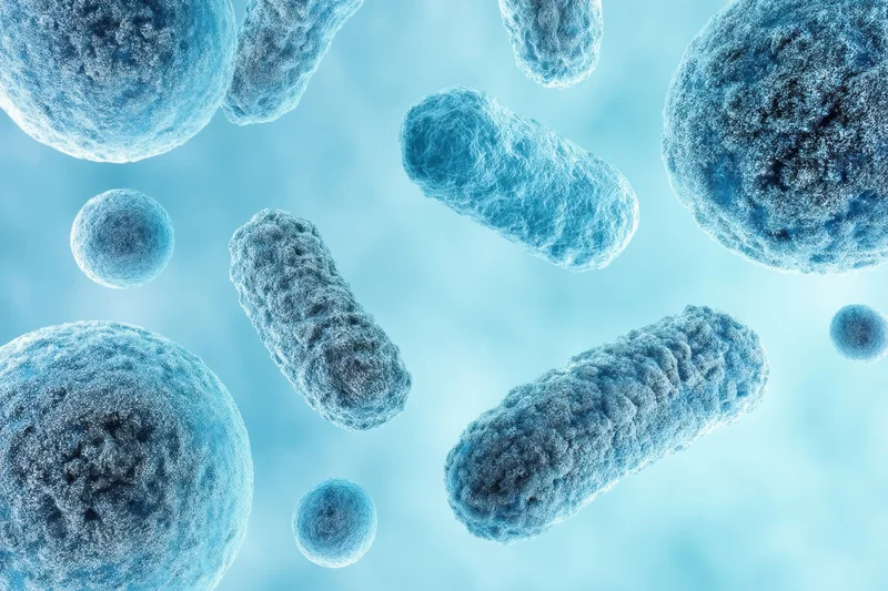 Various bacteria and microbes floating in a blue digital environment