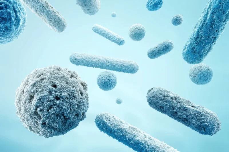 Various bacteria and microbes floating in a blue background