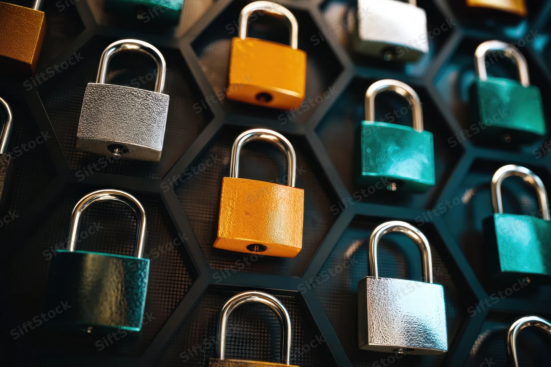 Colorful padlocks arranged in a hexagonal grid on a dark textured surface