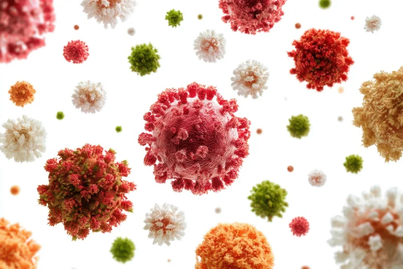 Various viruses floating in white space, including red coronavirus particles, depicted in 3d render with textured surfaces