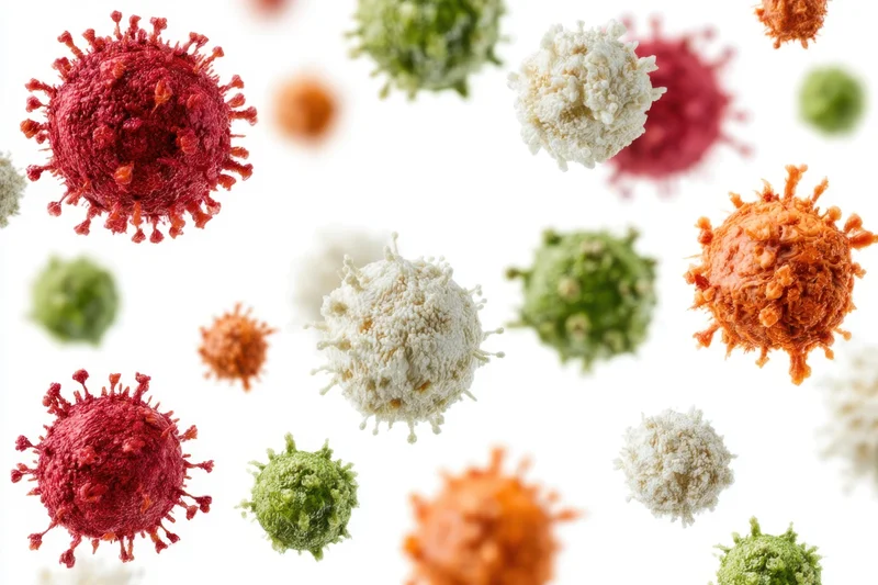 Various colored virus particles floating against a white background