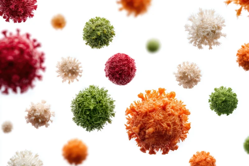 Colorful virus models floating against white background