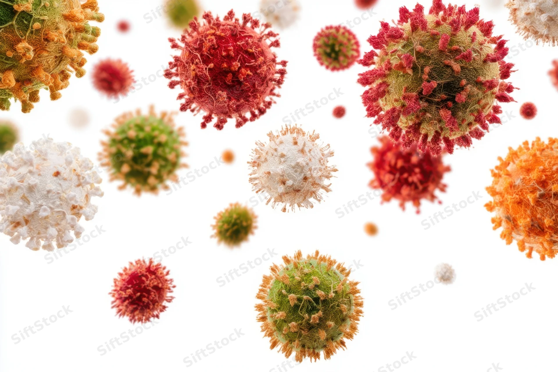 Various colorful virus models floating against a white background