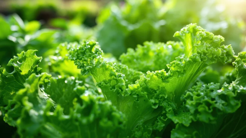 Closeup of fresh green lettuce leaves growing in a garden under sunlight