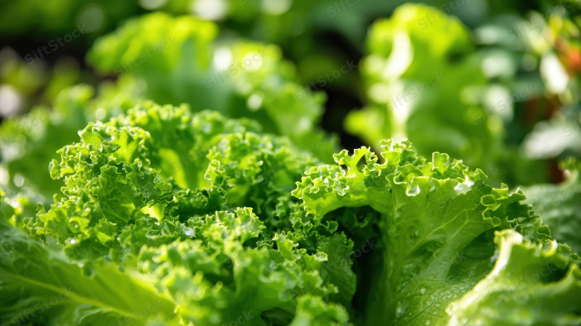 Closeup of fresh green lettuce leaves in a garden bed under sunlight