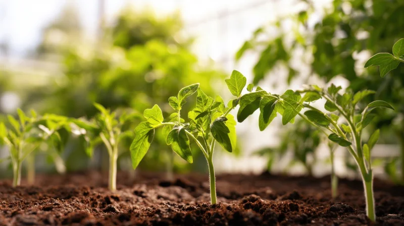 Young tomato seedlings growing in rich soil inside a greenhouse