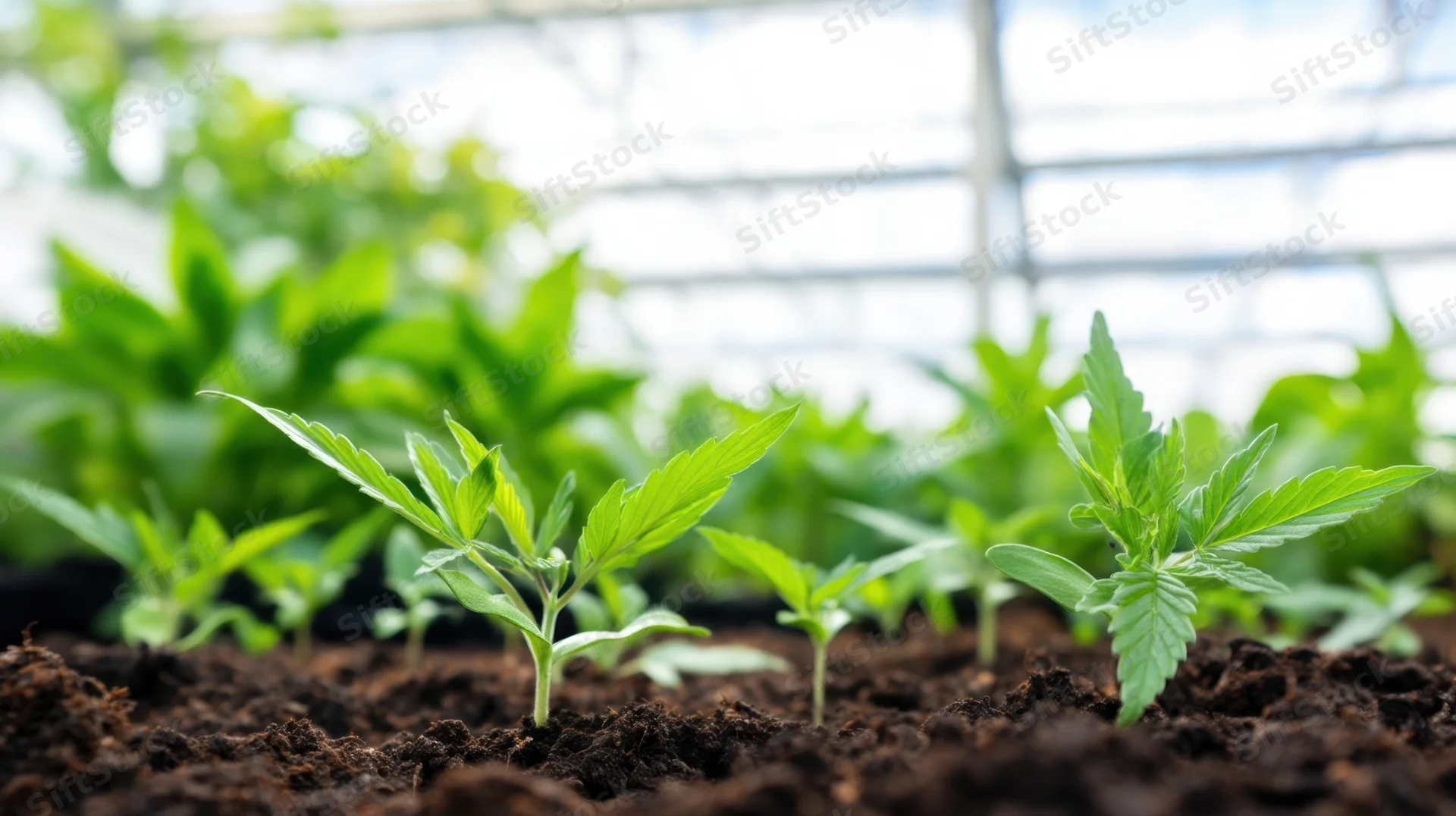 Young cannabis seedlings growing in soil inside a greenhouse