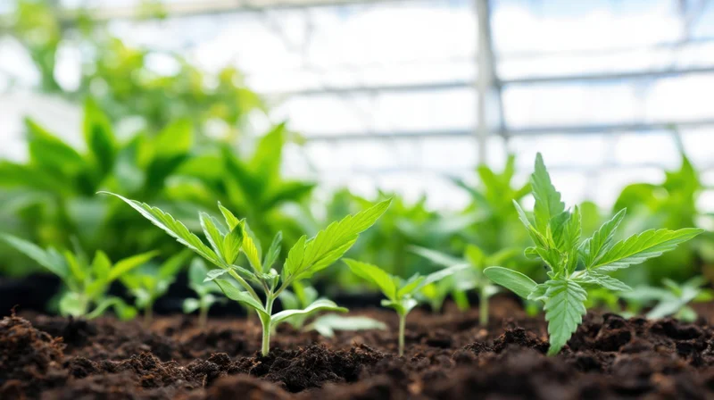Young cannabis seedlings growing in soil inside a greenhouse