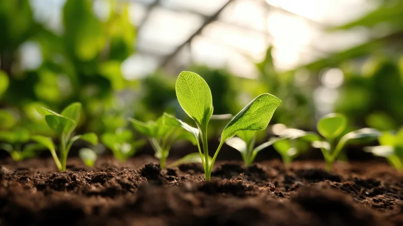 Young seedlings emerging from rich soil in a garden setting