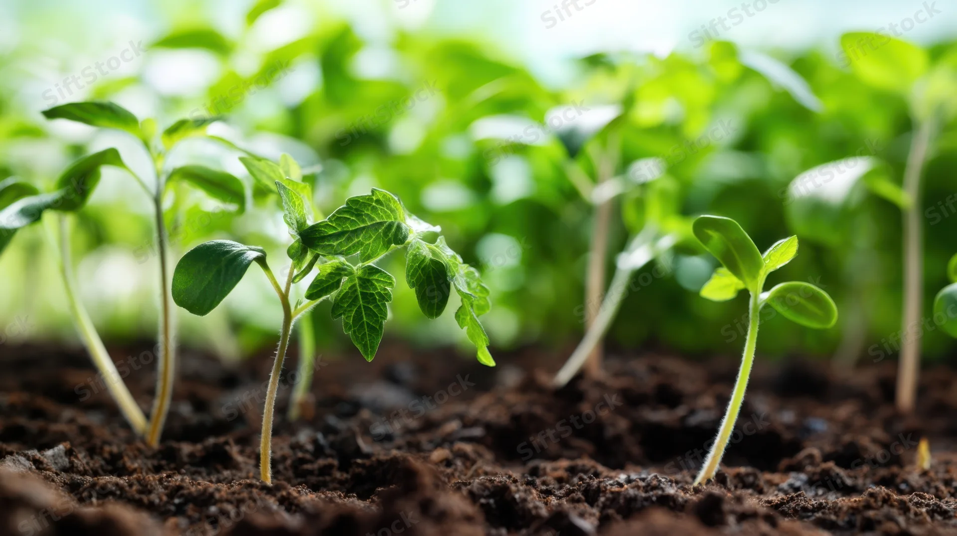 Young green seedlings emerging from dark soil in a garden setting