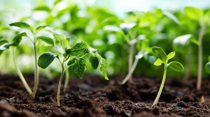 Young green seedlings emerging from dark soil in a garden setting