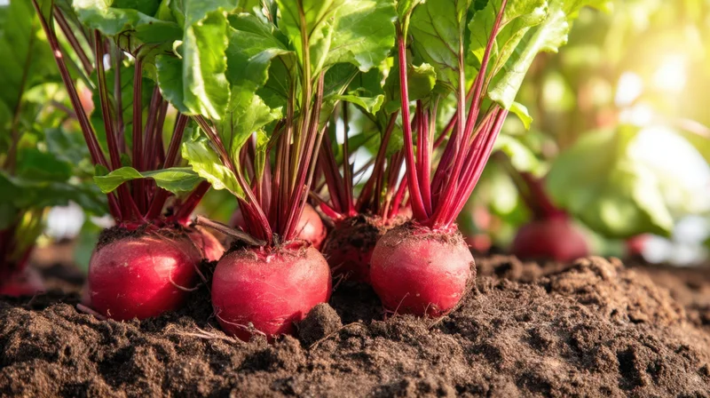 Red radishes growing in soil with green leaves in a garden