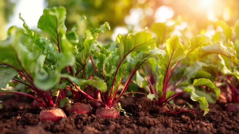 Beets growing in soil with green leaves under sunlight in a garden