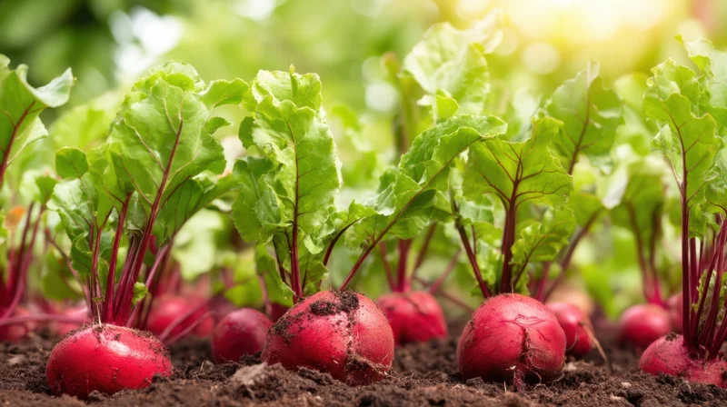 Red radishes growing in soil with green leaves in a garden