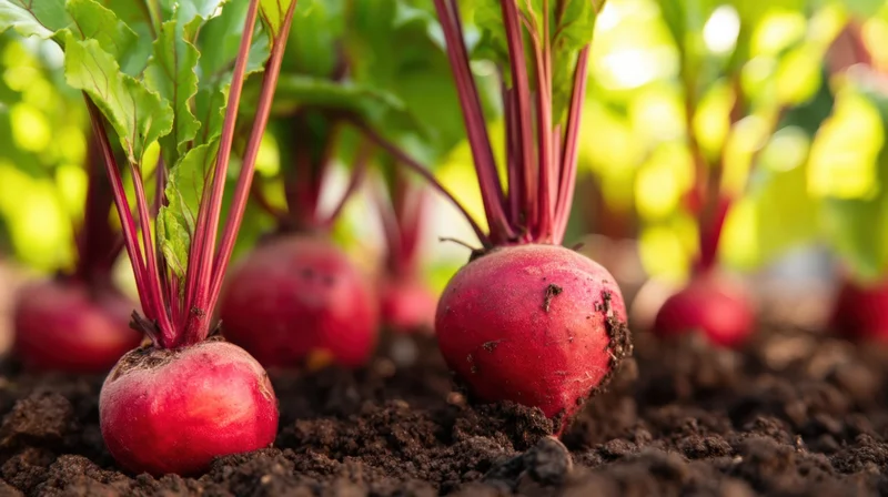 Red radishes growing in soil with green leaves in a garden