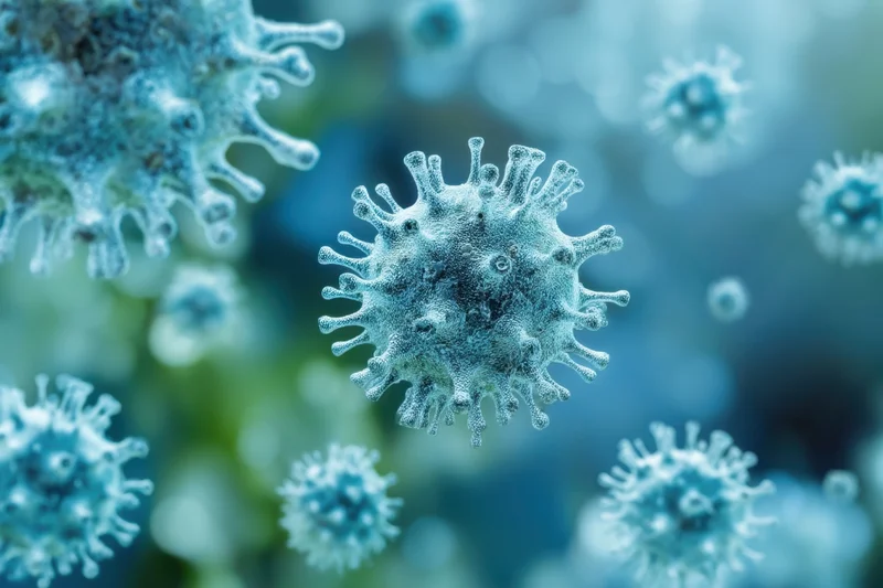 Virus particles floating in a blue and green digital environment