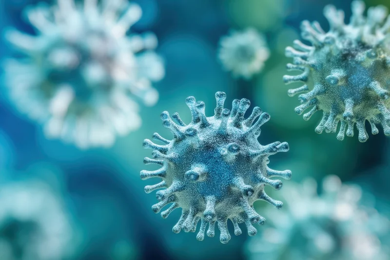Virus particles floating in a blue digital environment