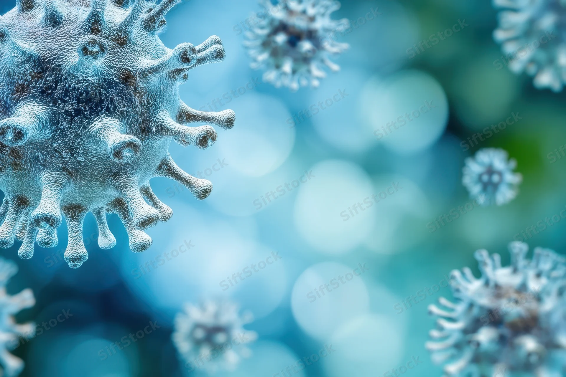 Virus particles floating in a blue bokeh background with copyspace on the right