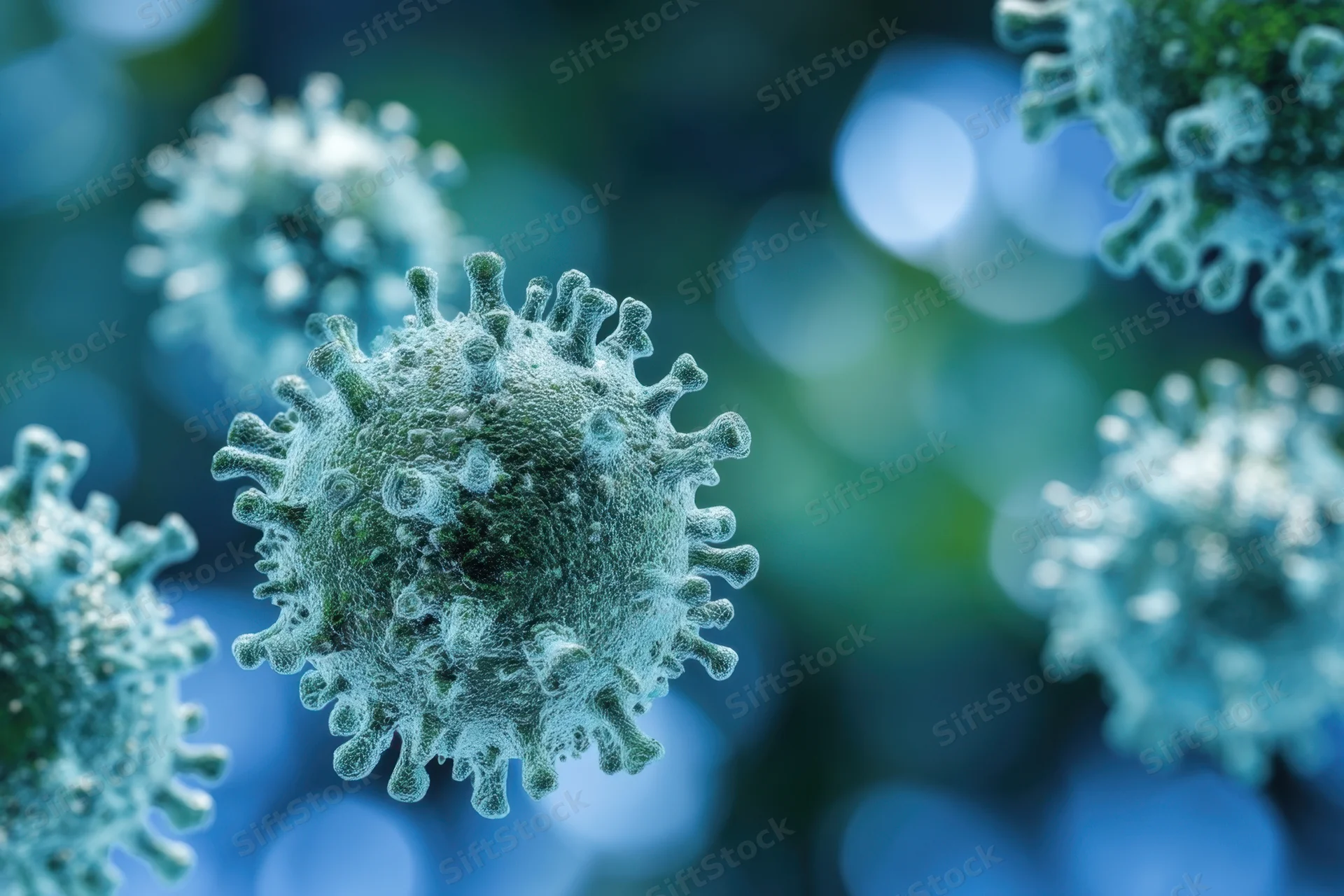 Virus particles with spike proteins floating in a blue-green blurred background