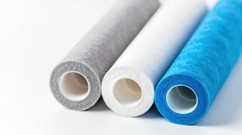 Three cylindrical water filter cartridges in gray, white and blue arranged side by side on a white surface
