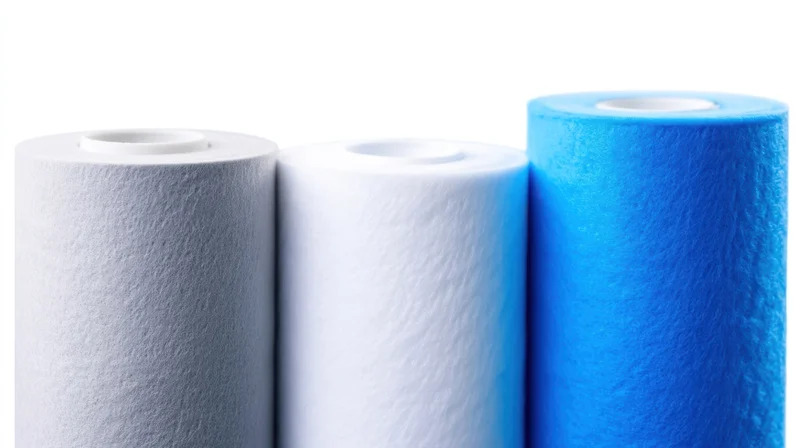 Three water filter cartridges in gray, white and blue arranged side by side on white background