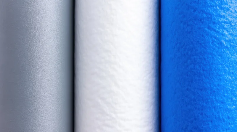 Closeup of three rolled water filtration membranes in gray, white, and blue arranged side by side