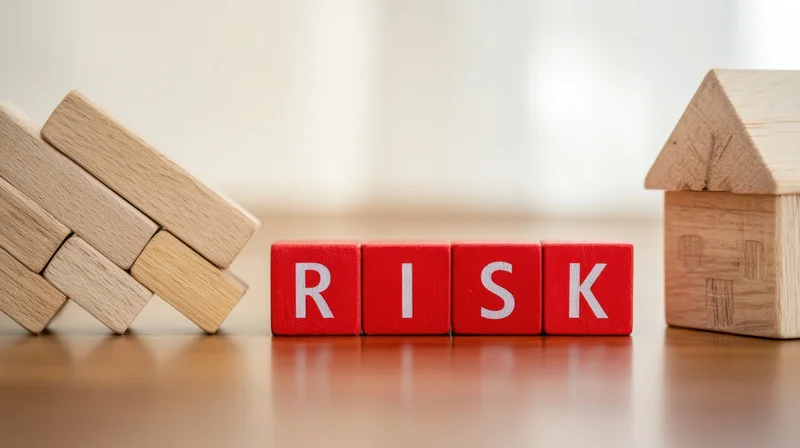 Red wooden blocks spelling risk between a collapsing stack and a small house on a table